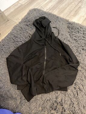 SHEIN Black Zip-Up Hoodie with Hood and Drawstrings